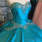 Turquoise Blue Satin Sweetheart Ball Gowns Quinceanera Dresses Crystal Beaded