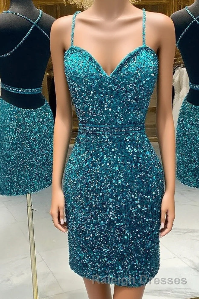 Turquoise Spaghetti Straps Sequins Homecoming Dress Main image