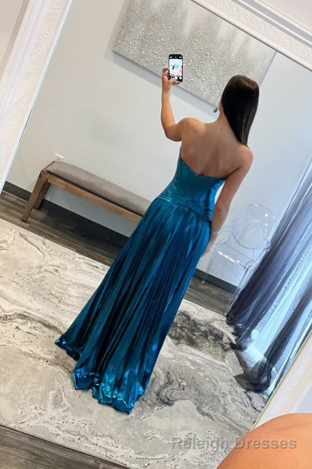 Turquoise Sweetheart Metallic Pleated Long Formal Dress With Slit Secondary image
