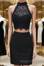 Two Piece Black Homecoming Dress Lace Crop Top