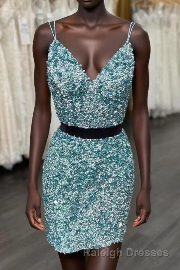 Two Piece Blue Sequins Tight Homecoming Dresses,Sparkly Cocktail Party Dress Main image