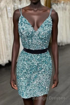 Two Piece Blue Sequins Tight Homecoming Dresses,Sparkly Cocktail Party Dress