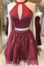 Two Piece Burgundy Beaded Sequins Homecoming Dress With Cut Out