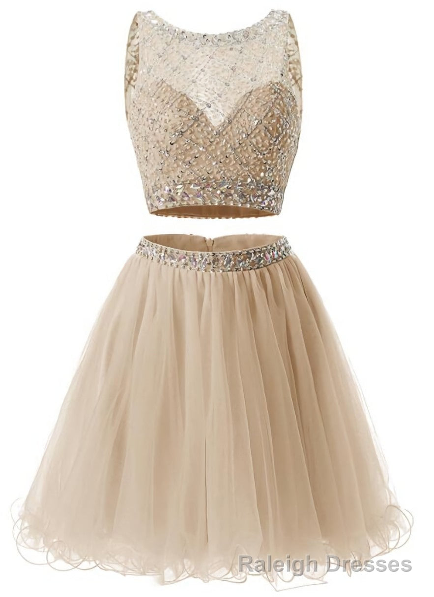 Two Piece Champagne Beaded Tulle Homecoming Dress, Short Prom Dress