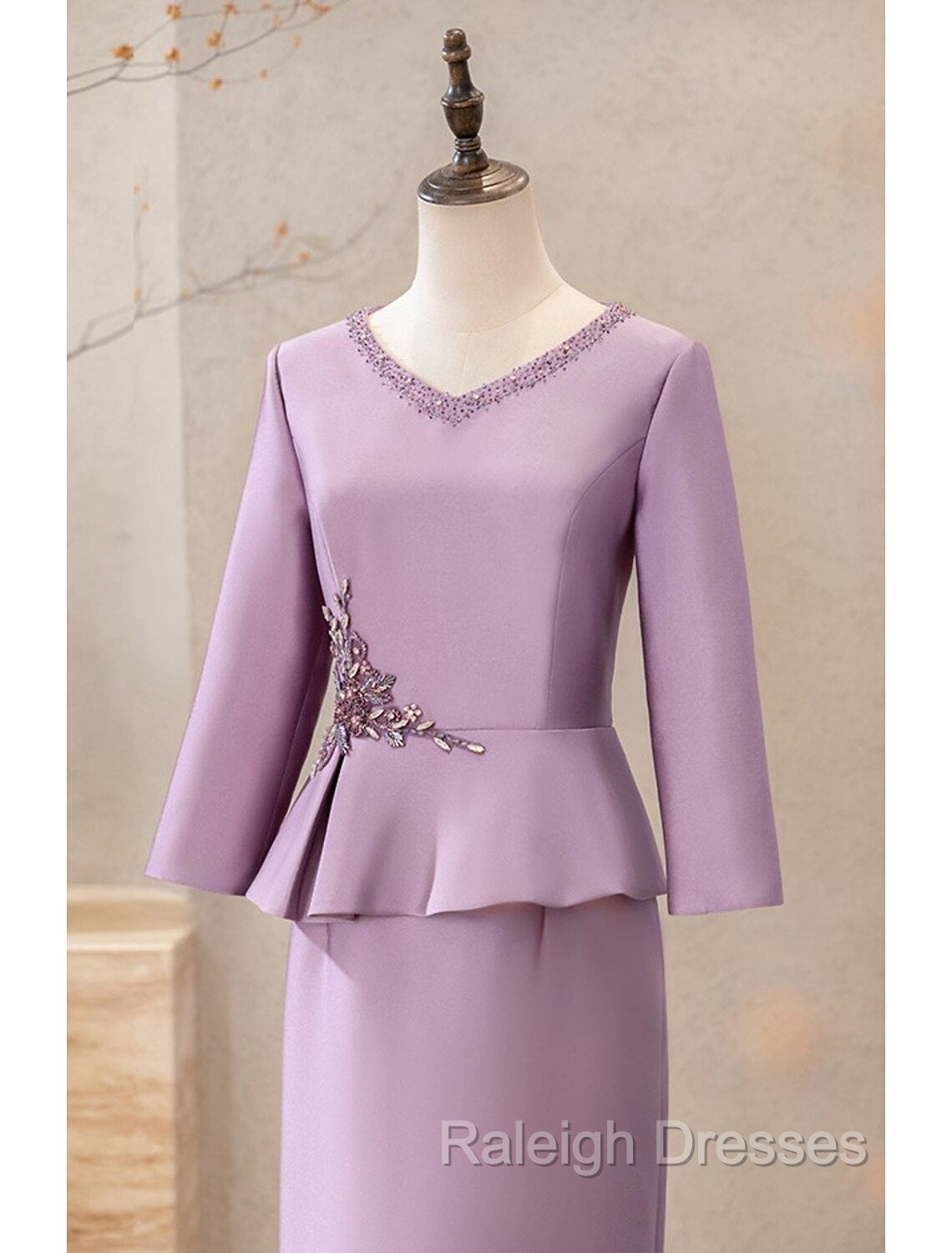 Two Piece Cocktail Dresses Elegant Dress Wedding Party Tea Length Long Sleeve V Neck Satin Mother Of The Bride Dresses Secondary image