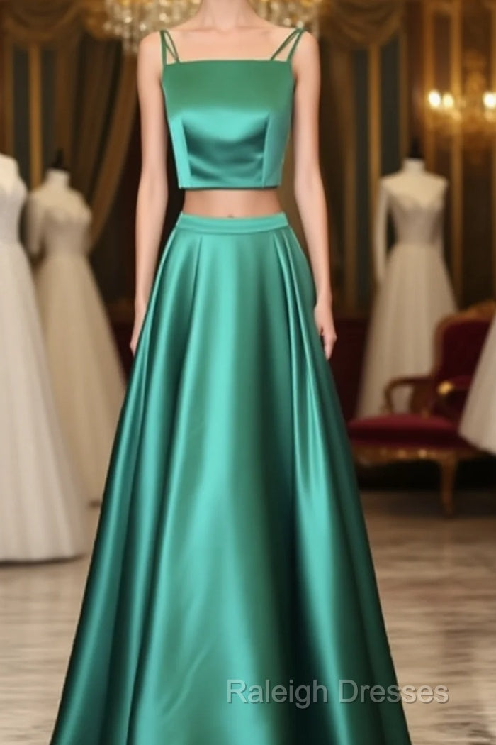 Two Piece Green Satin Prom Dress With Straps Main image