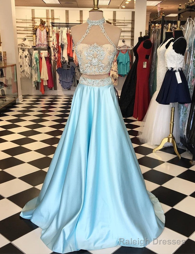Two Piece High Neck Lace Appliques Light Blue Prom Dress Main image