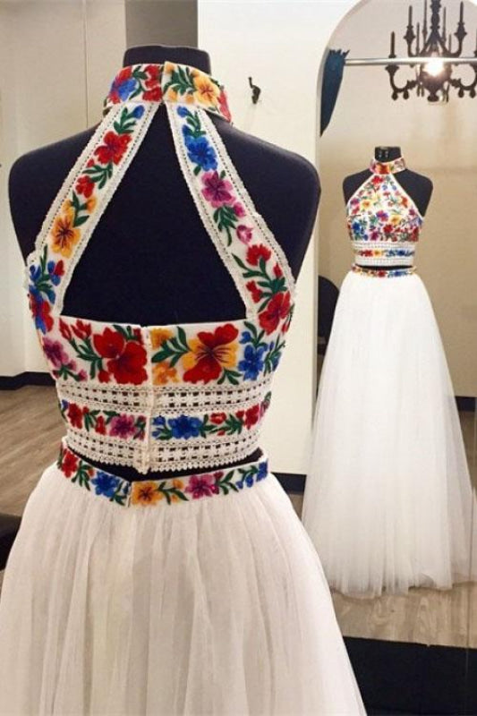 Two Piece High Neck Long Prom Dress with Appliques Sleeveless