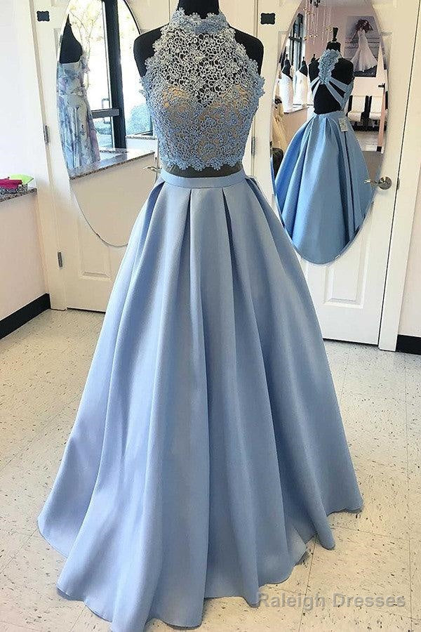 Two Piece High Satin Floor-Length Criss-Cross Straps Appliques Prom Dress