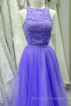 Two Piece Lavender Prom Dresses Lace Crop