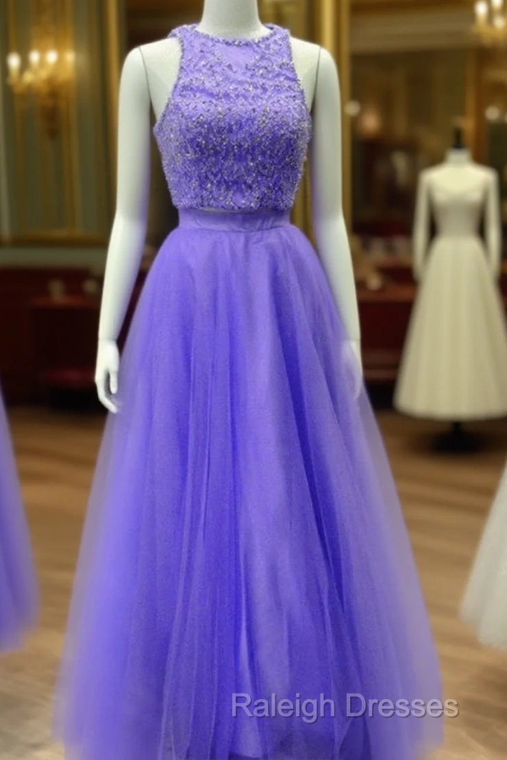 Two Piece Lavender Prom Dress Lace Crop