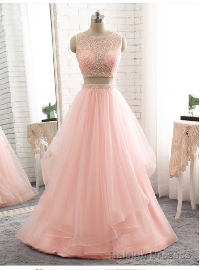 Two Piece Long Prom Dresses Pink Tulle Floor Length Formal Gown