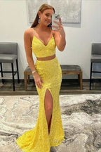 Two Piece Mermaid Sequins Prom Dress with Slit