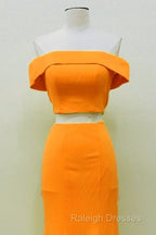 Two Piece Orange Prom Dresses Mermaid Off Shoulder