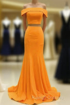 Two Piece Orange Prom Dresses Mermaid Off Shoulder