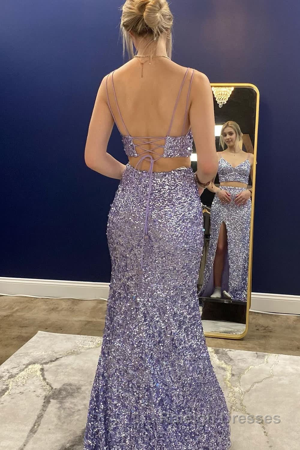 Two Piece Orange Sequins Mermaid Prom Dress with Slit