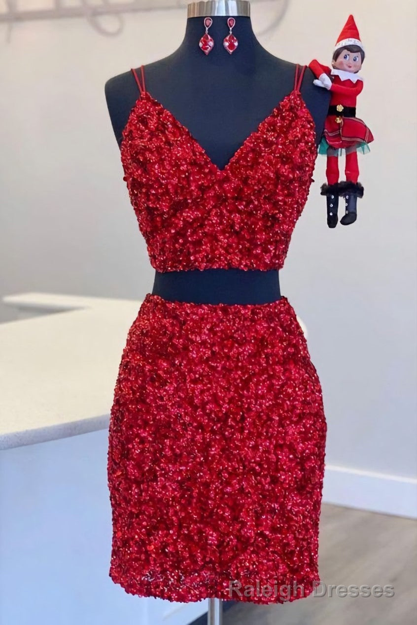 Two Piece Red Sequined Homecoming Dress, V Neck Tight Prom Dress,Short Prom Dresses