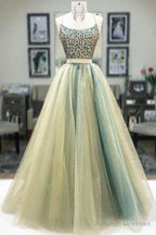 Two Piece Round Neck Tulle Beading Prom Dresses Evening Dresses