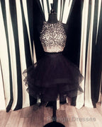 Two Piece Ruffles Ball Gown Homecoming Dresses,Navy Blue Semi Formal Dress