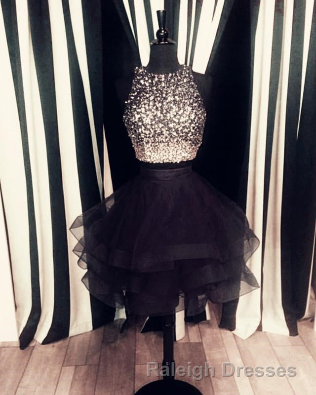 Two Piece Ruffles Ball Gown Homecoming Dress Navy Blue Semi Prom Dresses