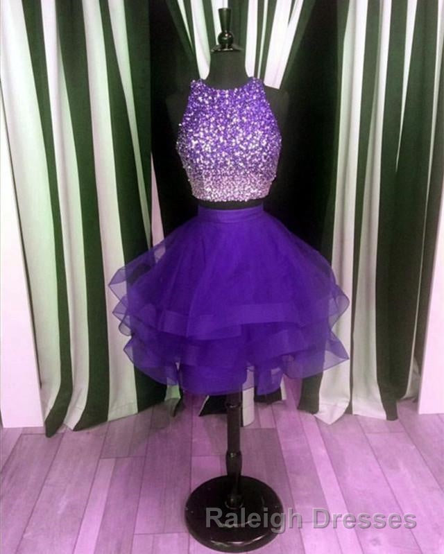 Two Piece Ruffles Ball Gown Homecoming Dress Navy Blue Semi Prom Dresses