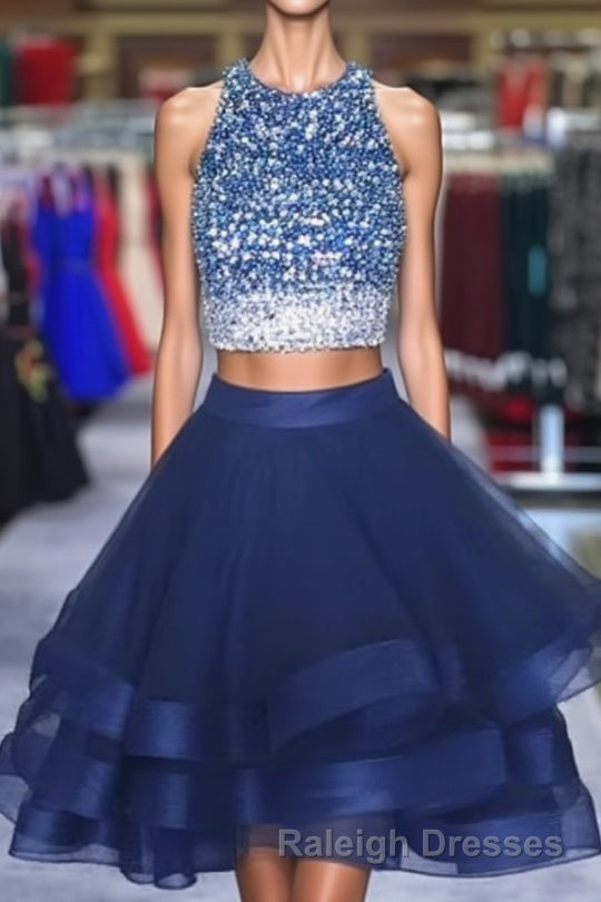 Two Piece Ruffles Ball Gown Homecoming Dresses,Navy Blue Semi Formal Dress Main image