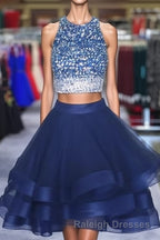 Two Piece Ruffles Ball Gown Homecoming Dresses,Navy Blue Semi Formal Dress