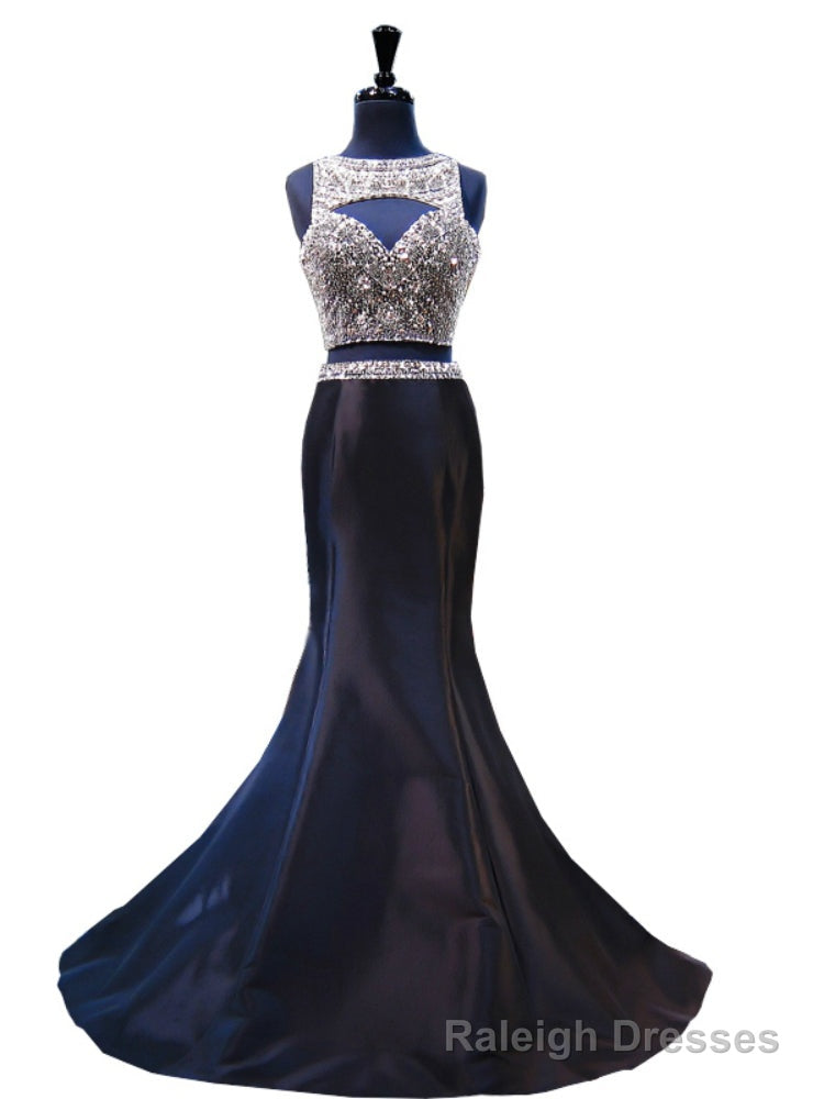 Two Piece Sleeveless Black Mermaid Beaded Backless Prom Dress Main image