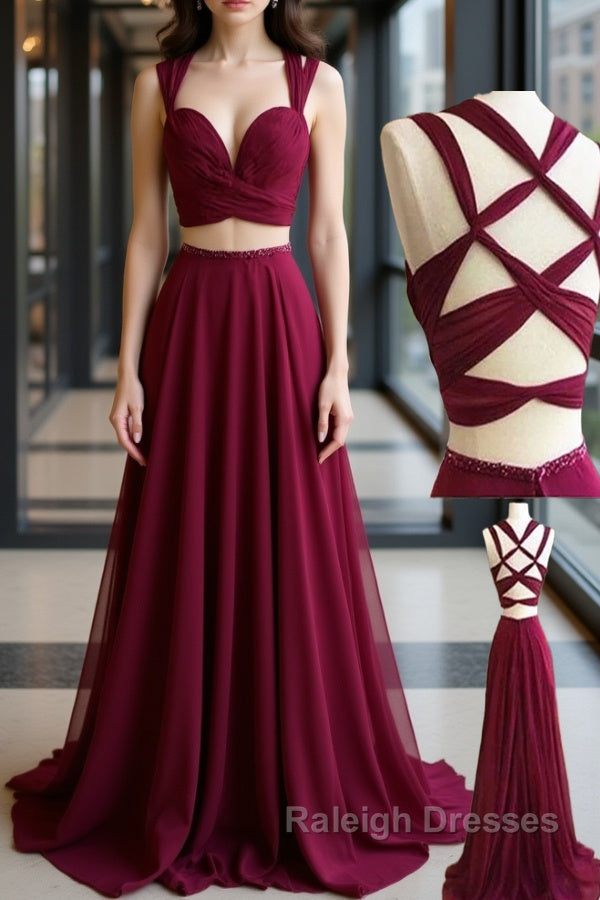 Two Pieces Burgundy Chiffon Long Prom Dresses, 2 Pieces Wine Red Long Formal Evening Dresses