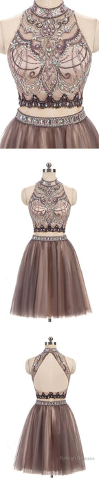Two Pieces Gorgeous Beading High Neck Open Back Sleeveless Light Brown  Homecoming Dresses
