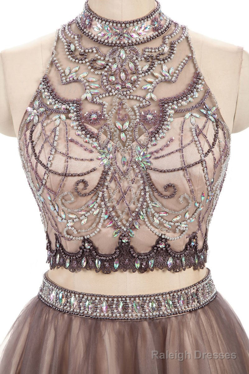Two Pieces Gorgeous Beading High Neck Open Back Sleeveless Light Brown  Homecoming Dresses