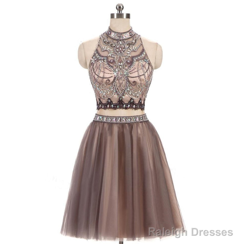Two Pieces Gorgeous Beading High Neck Open Back Sleeveless Light Brown  Homecoming Dresses Main image