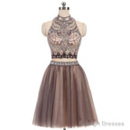 Two Pieces Gorgeous Beading High Neck Open Back Sleeveless Light Brown  Homecoming Dresses