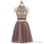 Two Pieces Gorgeous Beading High Neck Open Back Sleeveless Light Brown  Homecoming Dresses