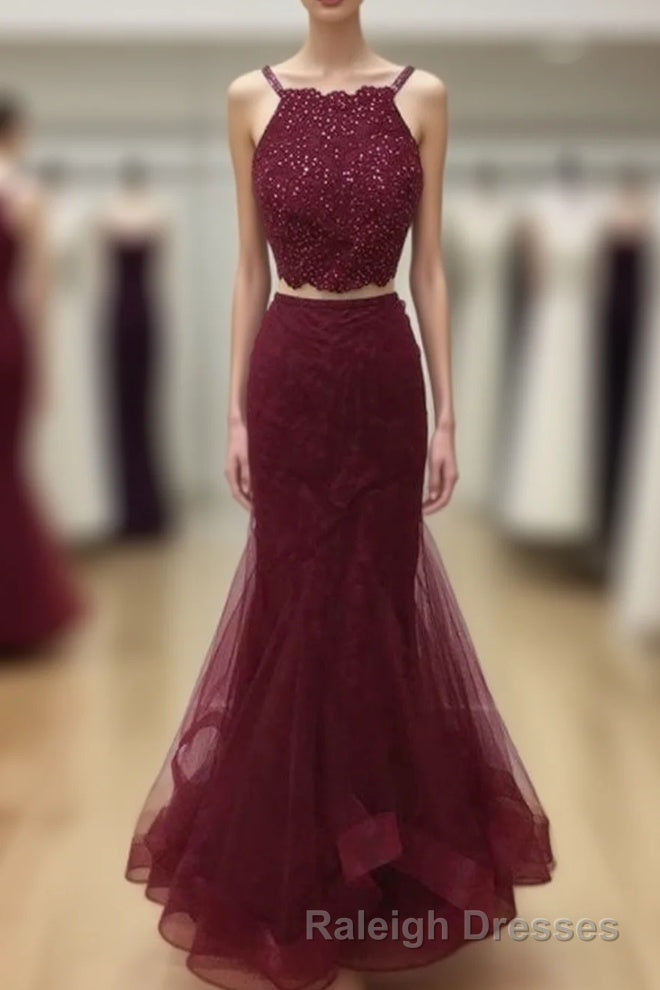 Two Pieces Halter Neck Mermaid Tulle Maroon Prom with Beadings, Maroon Formal, Evening