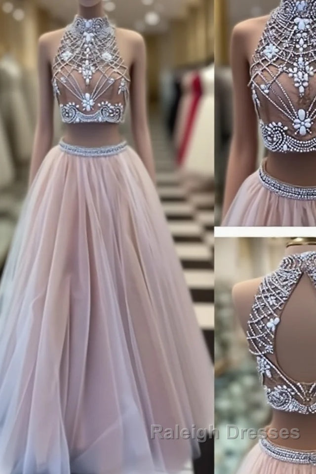 Two Pieces High-Neck Beaded Tulle Long  Champagne Prom Dresses, Evening Dresses Main image