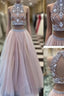 Two Pieces High-Neck Beaded Tulle Long  Champagne Prom Dresses, Evening Dresses