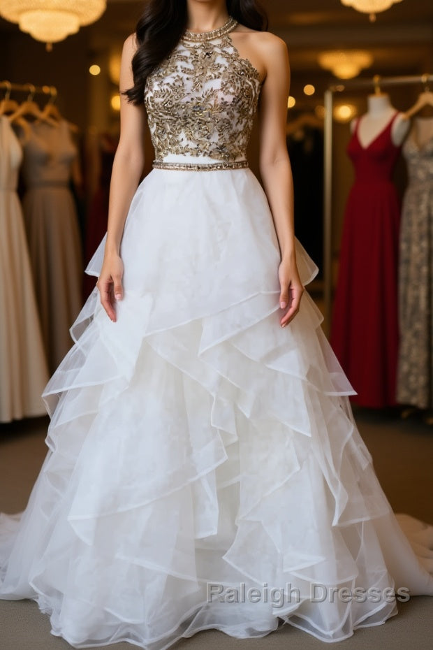 Two Pieces Lace White Tulle Long Prom Dresses, White Two Pieces Formal Dresses, Evening Dresses, Ball Gown Main image