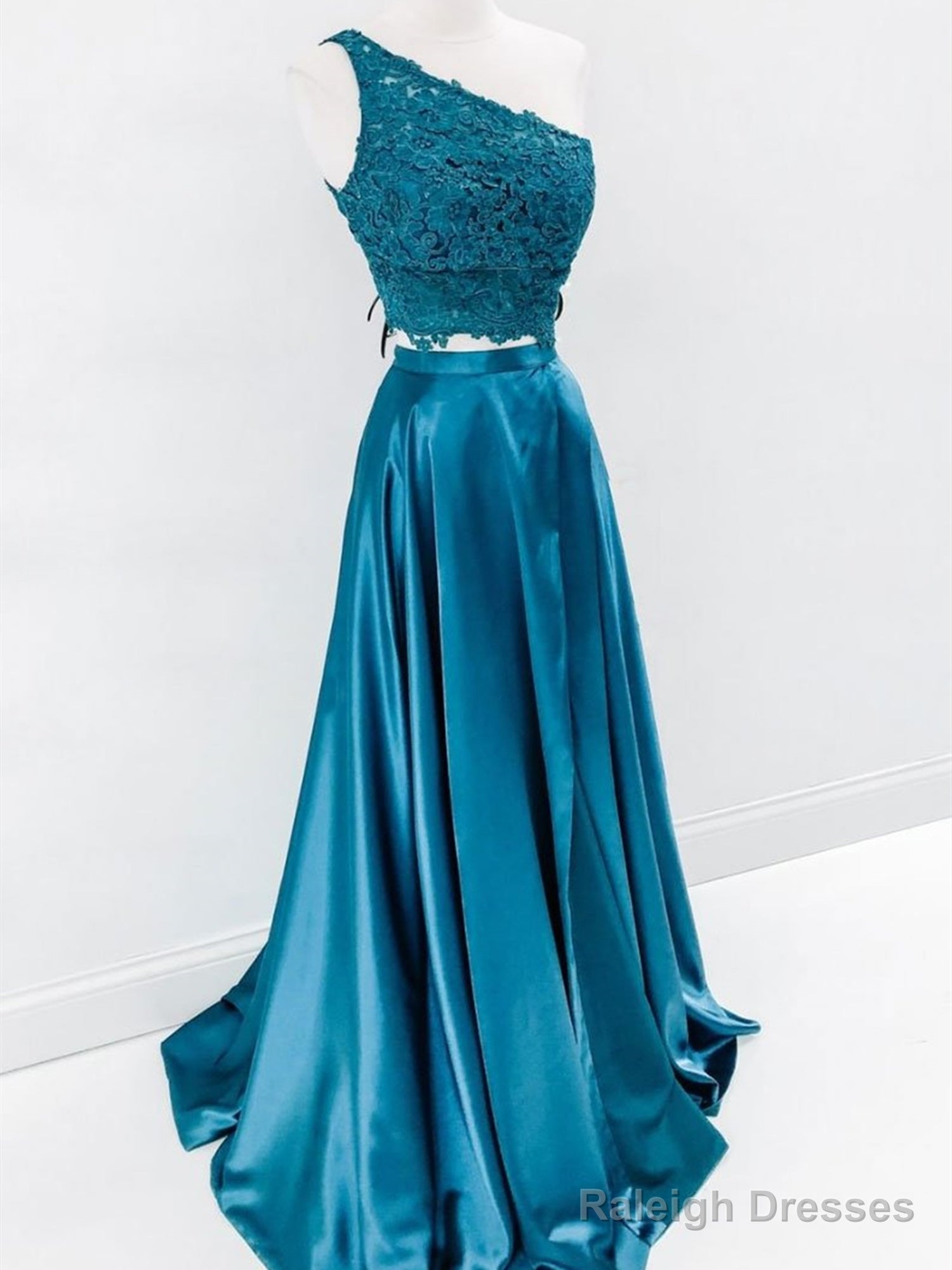 Two Pieces One Shoulder Blue Lace Prom Dress 2 Pieces Blue Lace Prom Graduation Prom Dress