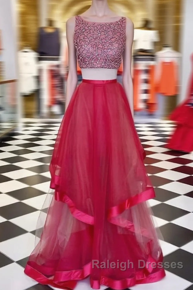Two Pieces Sequin Round Neck Tulle Long Red Prom Dresses, Red Evening Dresses
