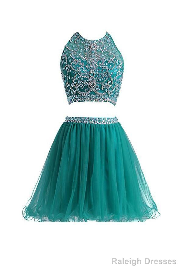 Two Pieces Tulle Short With Beaded Green Homecoming Dress