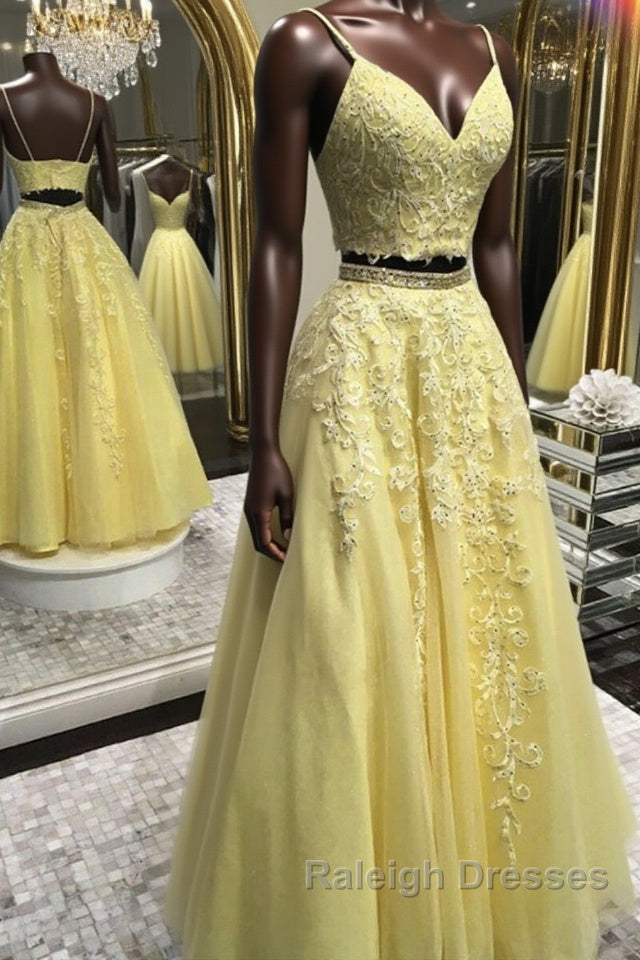 Two Pieces V Neck Yellow Lace Long Prom Dresses, 2 Pieces Yellow Formal Dresses, Yellow Lace Evening Dresses Main image