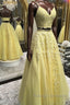 Two Pieces V Neck Yellow Lace Long Prom Dresses, 2 Pieces Yellow Formal Dresses, Yellow Lace Evening Dresses