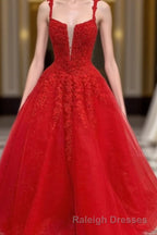 Red Tulle Lace A Line Prom Dress Appliques Long Prom Dress