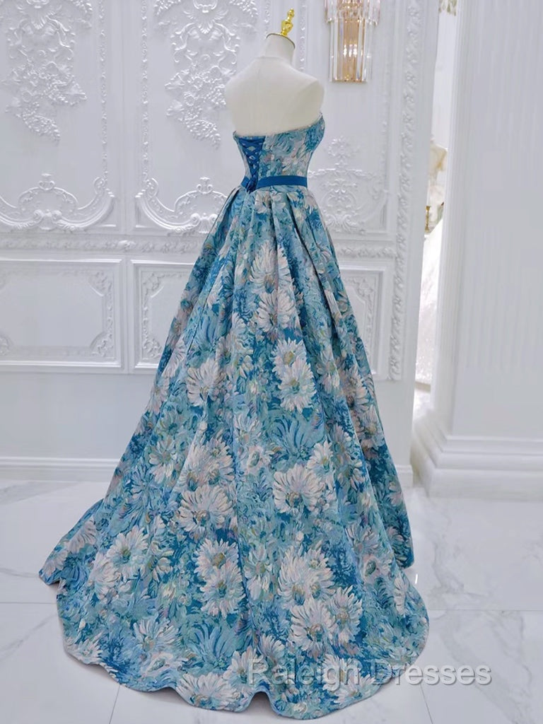 Unique A-Line Flower Satin Blue Long Prom Dress, Blue Long Formal Dress
