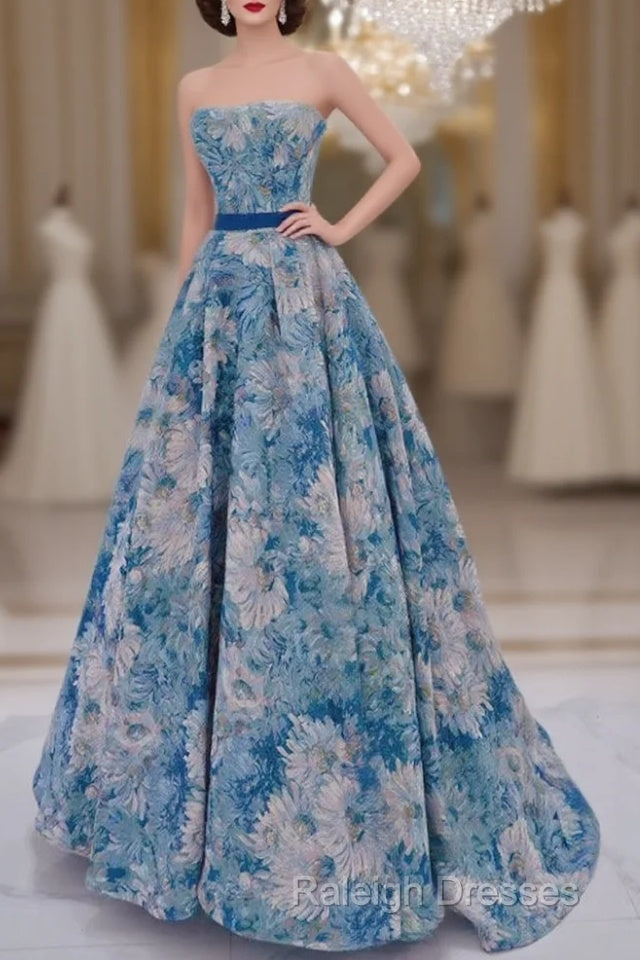 Unique A-Line Flower Satin Blue Long Prom Dress, Blue Long Formal Dress