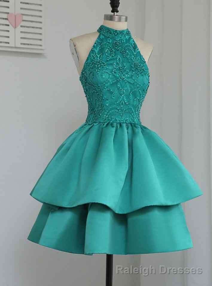 Unique A-line Halter Green Satin Short Homecoming Dresses Main image