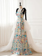 Unique A-Line Sequin Flower Tulle Long Prom Dress, White Formal Evening Dress