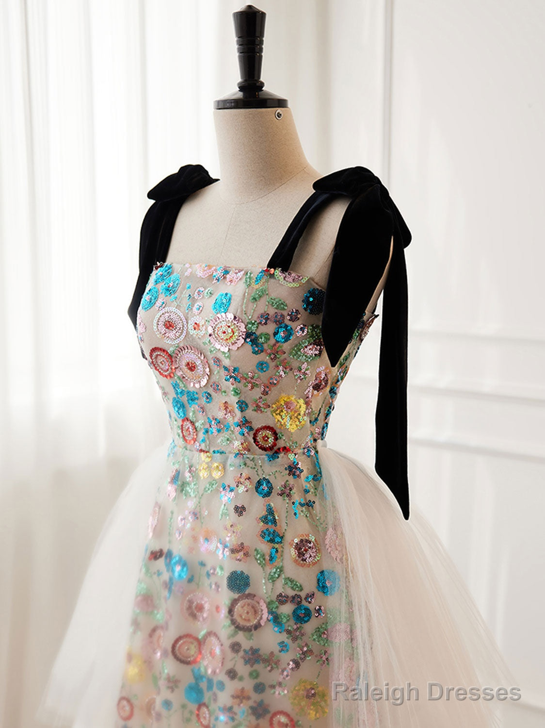 Unique A-Line Sequin Flower Tulle Long Prom Dress, White Formal Evening Dress