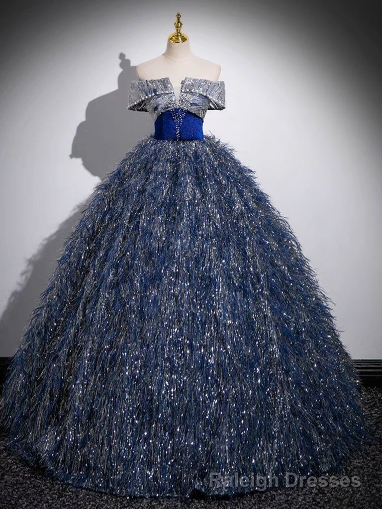 Unique A-Line Shiny Sequin Blue Long Prom Gown, Blue Long Evening Dress Main image